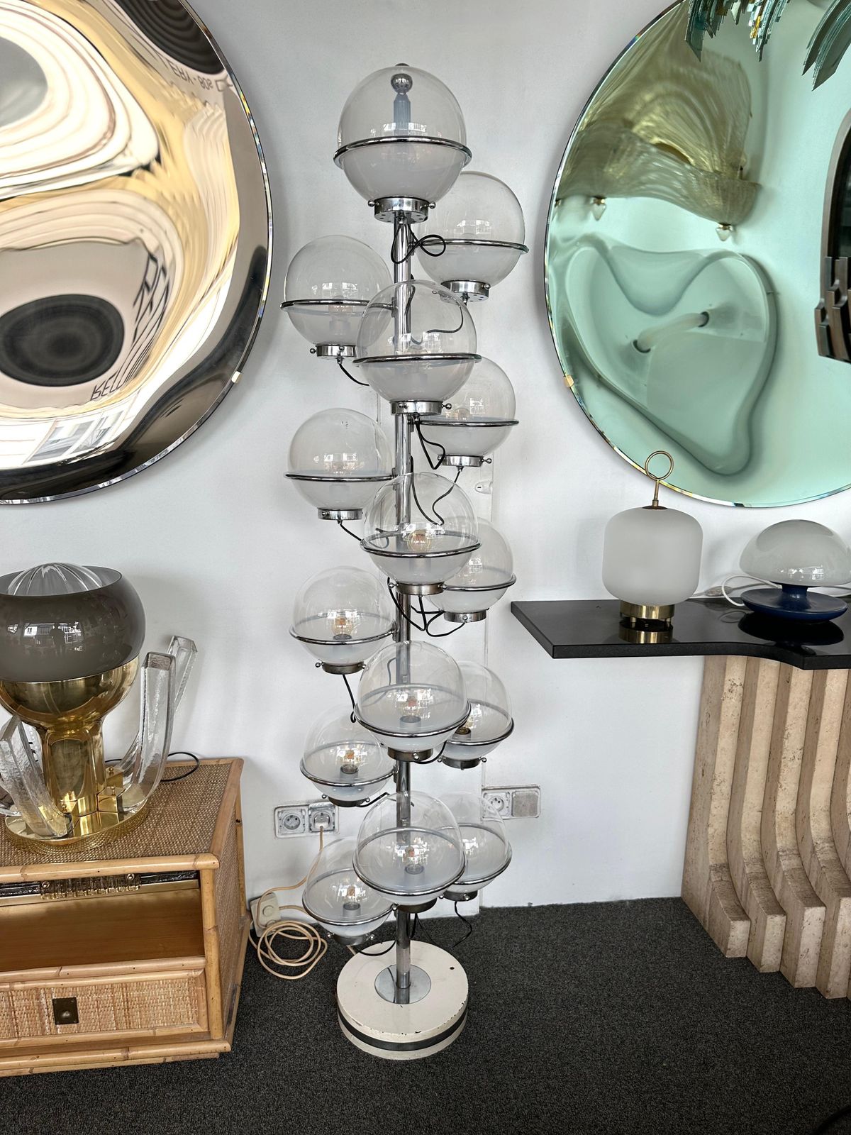Large Floor Lamp Metal And White Smoke Glass Globe By Candle, Italy, 1970s photo vinterior