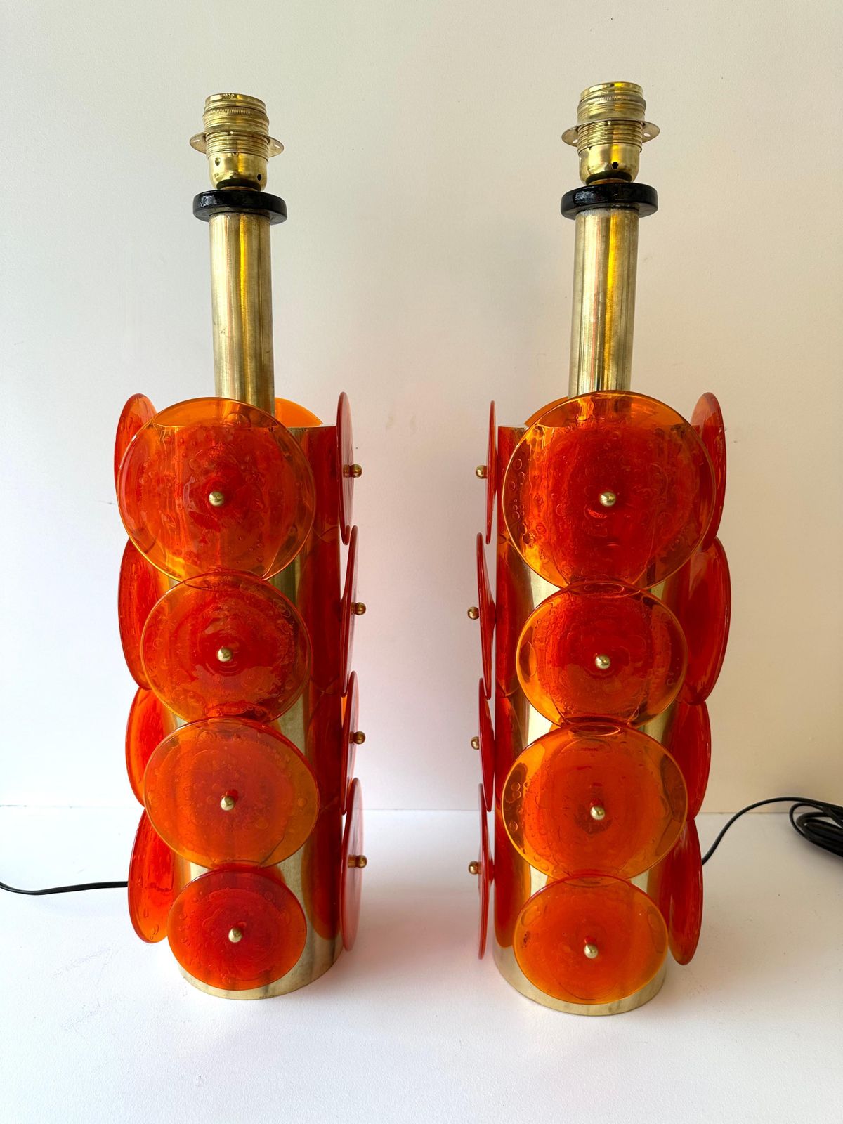 Contemporary Pair Of Brass Murano Glass Orange Disc Lamps, Italy photo for sale