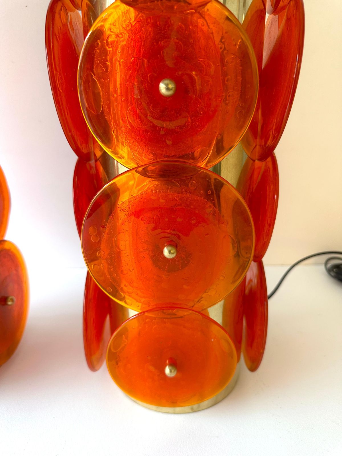 Contemporary Pair Of Brass Murano Glass Orange Disc Lamps, Italy photo vinterior