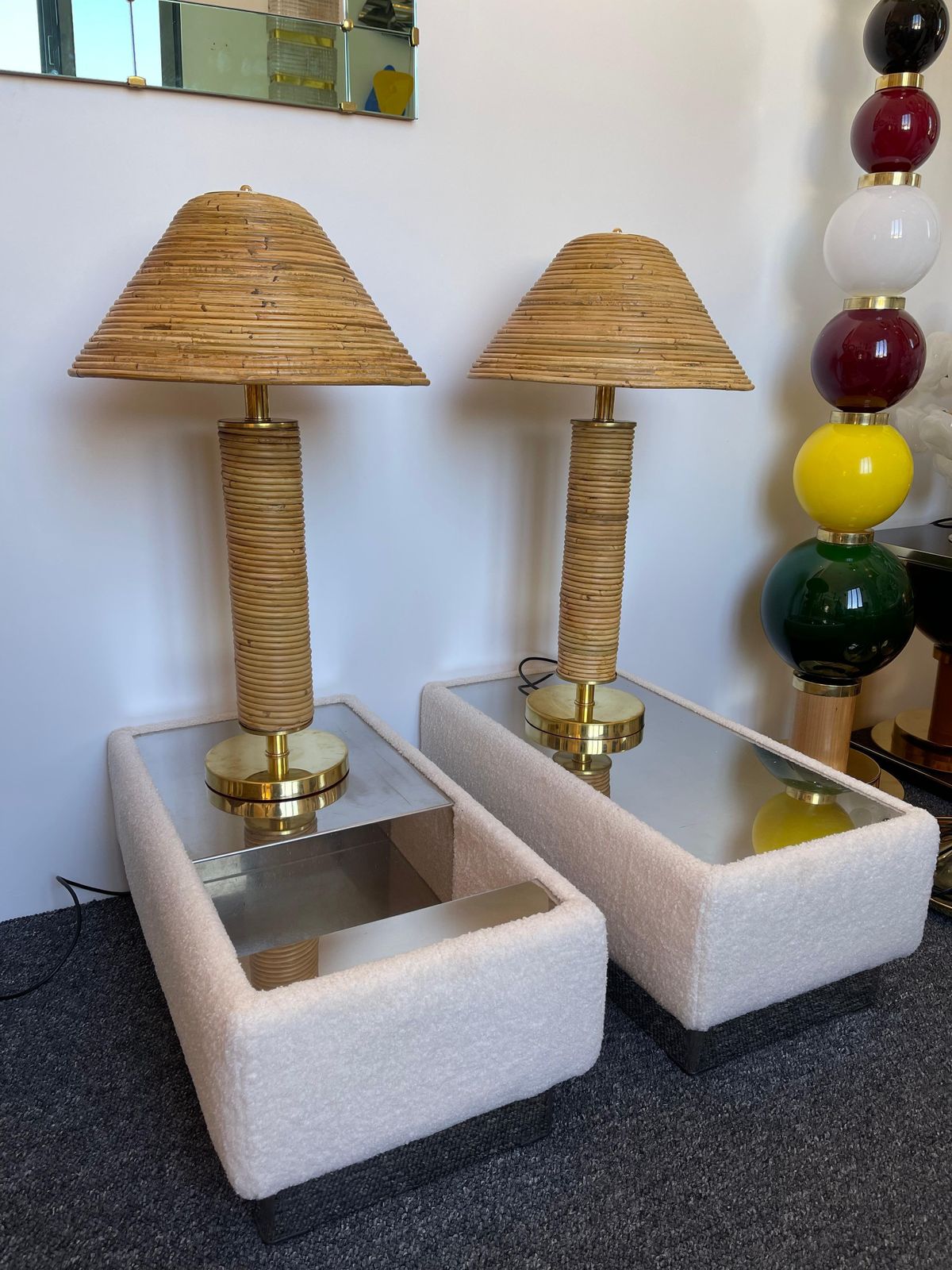 photo vinterior Pair Of Rattan And Brass Lamps, Italy