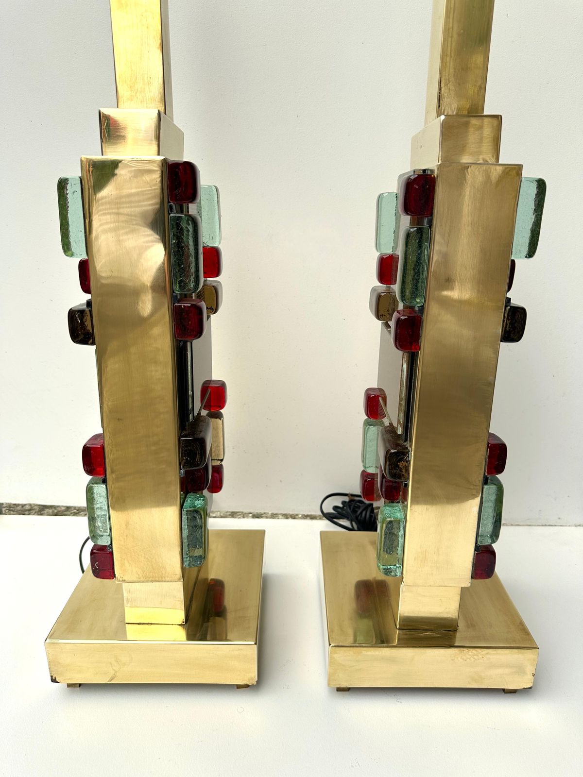 Contemporary Pair Of Brass Textured And Cabochon Murano Glass Lamps, Italy photo 4105.0