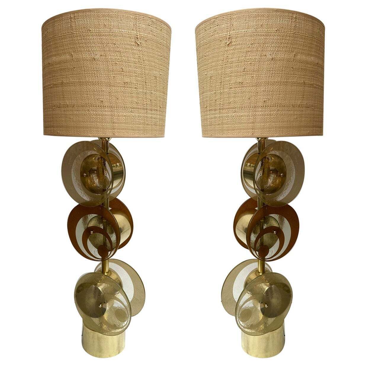 Contemporary Pair Of Brass And Murano Glass Spiral Disc Lamps, Italy