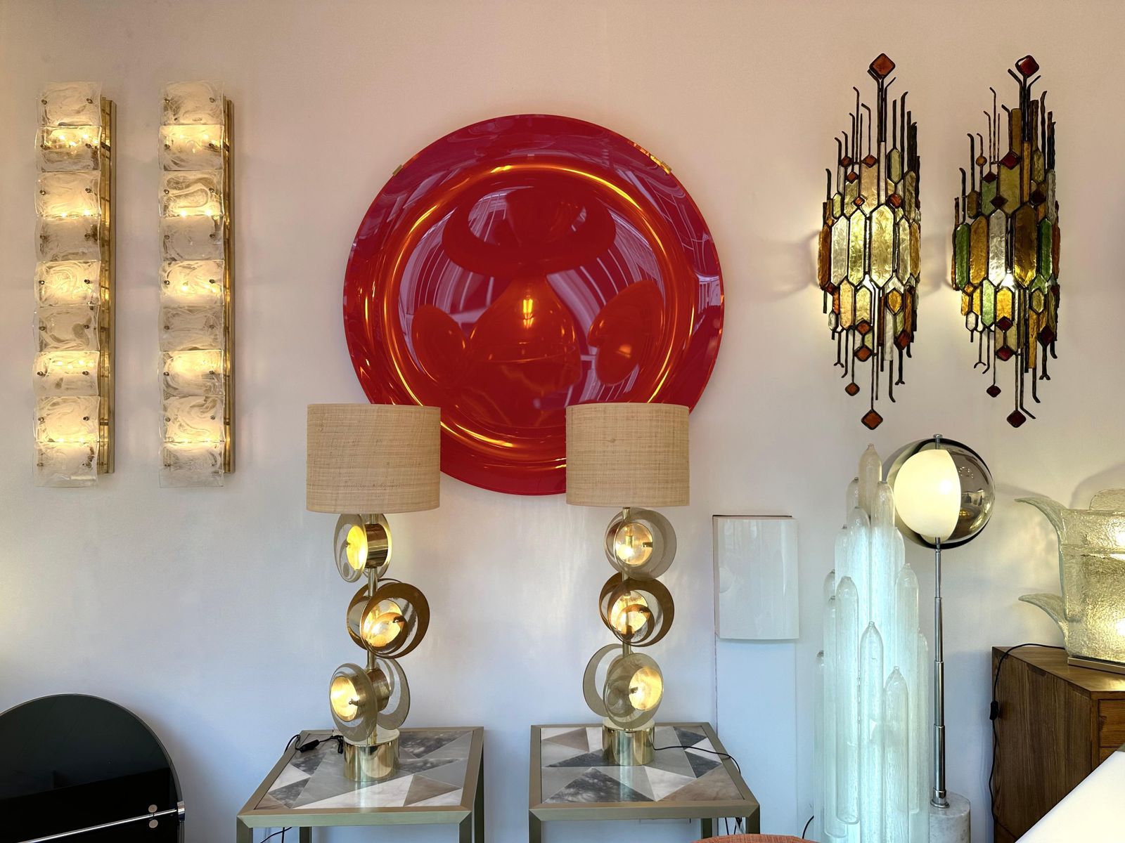Contemporary Pair Of Brass And Murano Glass Spiral Disc Lamps, Italy photo Lighting