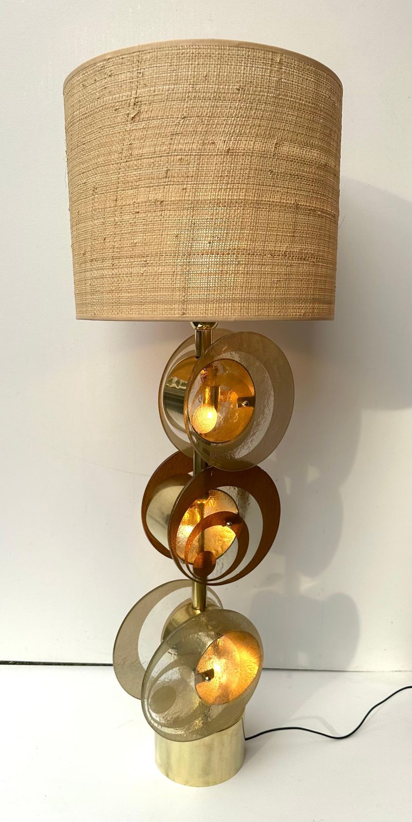 photo for sale Contemporary Pair Of Brass And Murano Glass Spiral Disc Lamps, Italy