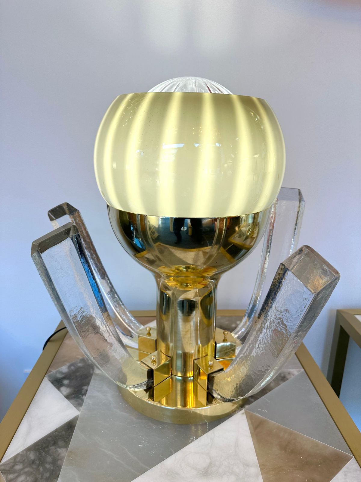 Contemporary Pair Of Brass And Gray Murano Glass Flower Lamps, Italy photo for sale