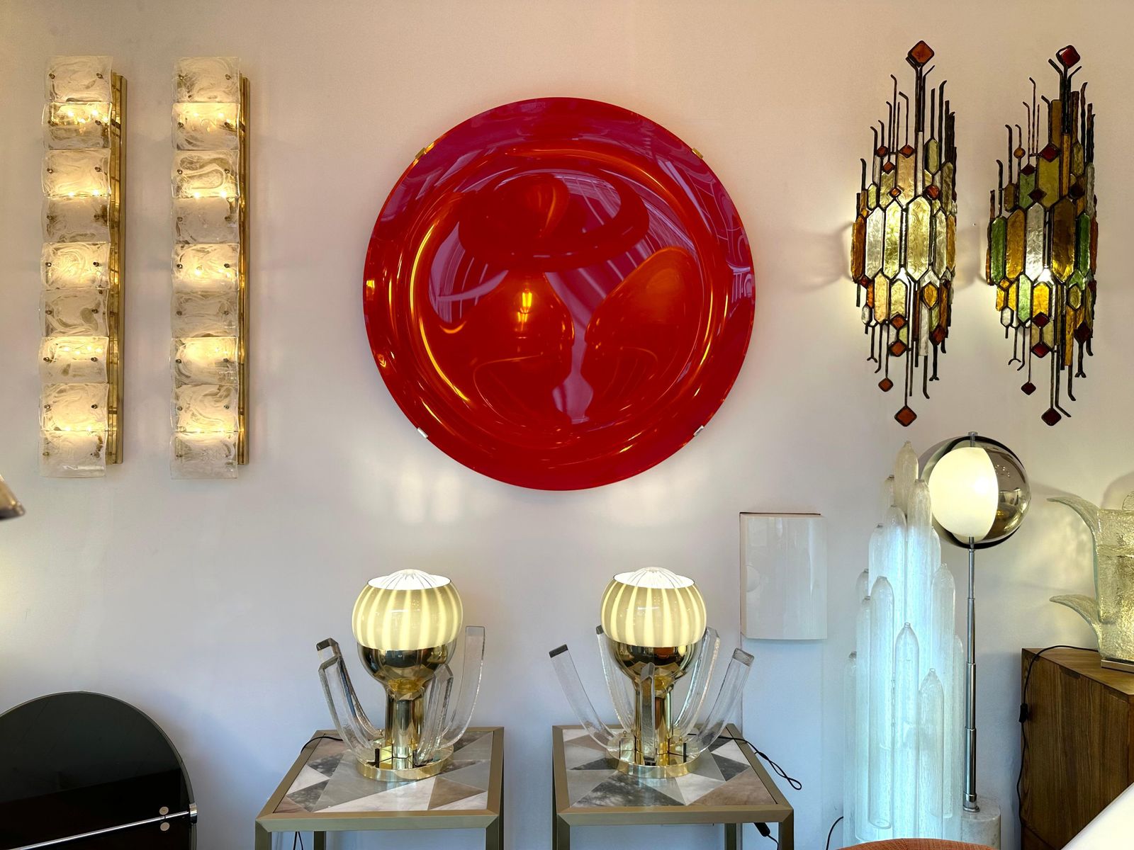 Contemporary Pair Of Brass And Gray Murano Glass Flower Lamps, Italy photo Lighting