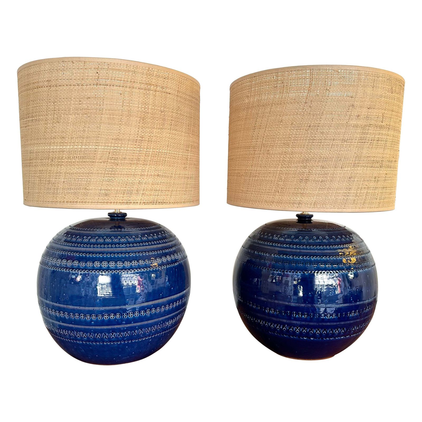 Mid Century Pair Of Ceramic Lamps Blue Rimini By Bitossi. Italy, 1990s