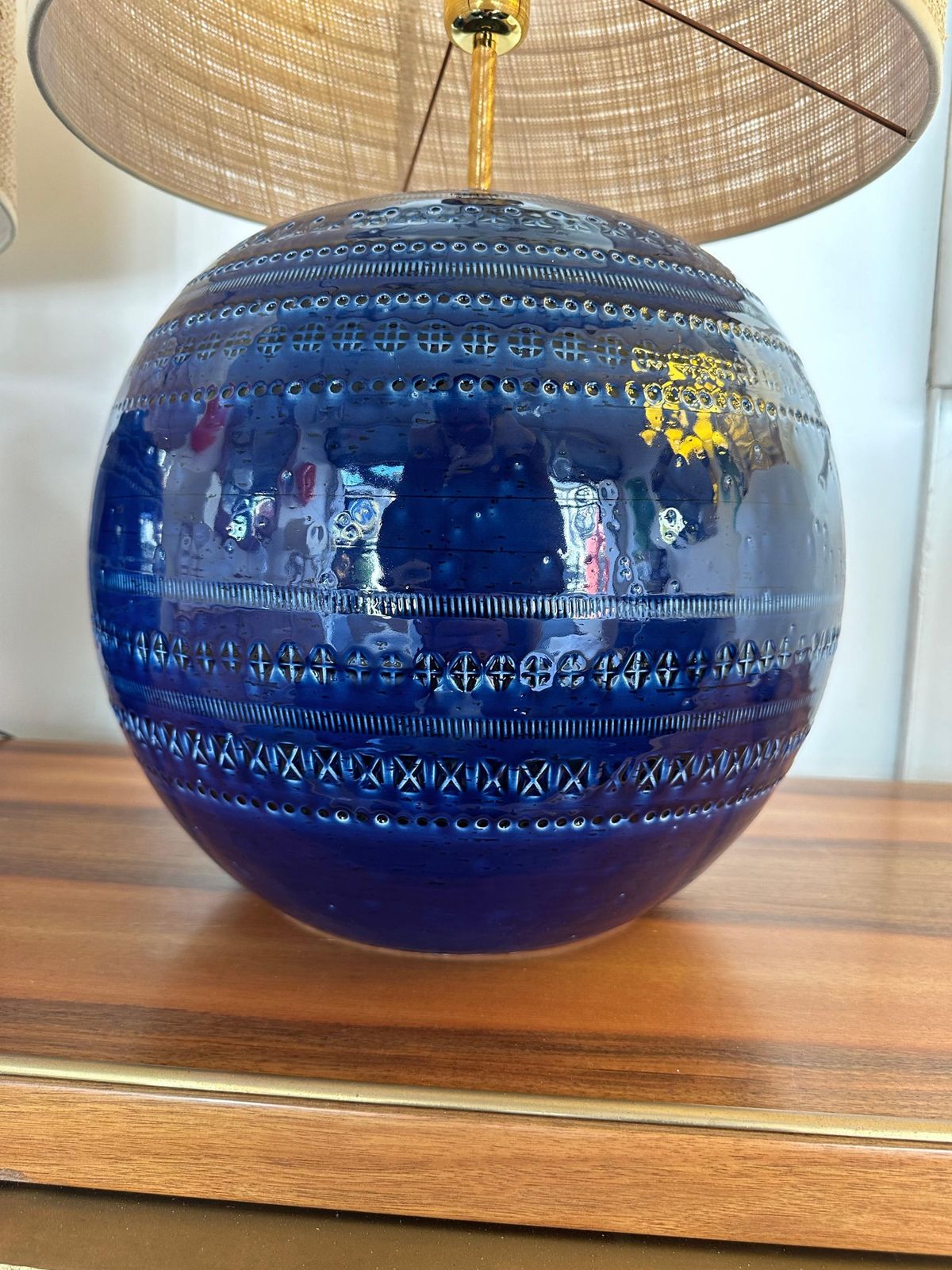 Mid Century Pair Of Ceramic Lamps Blue Rimini By Bitossi. Italy, 1990s photo vinterior