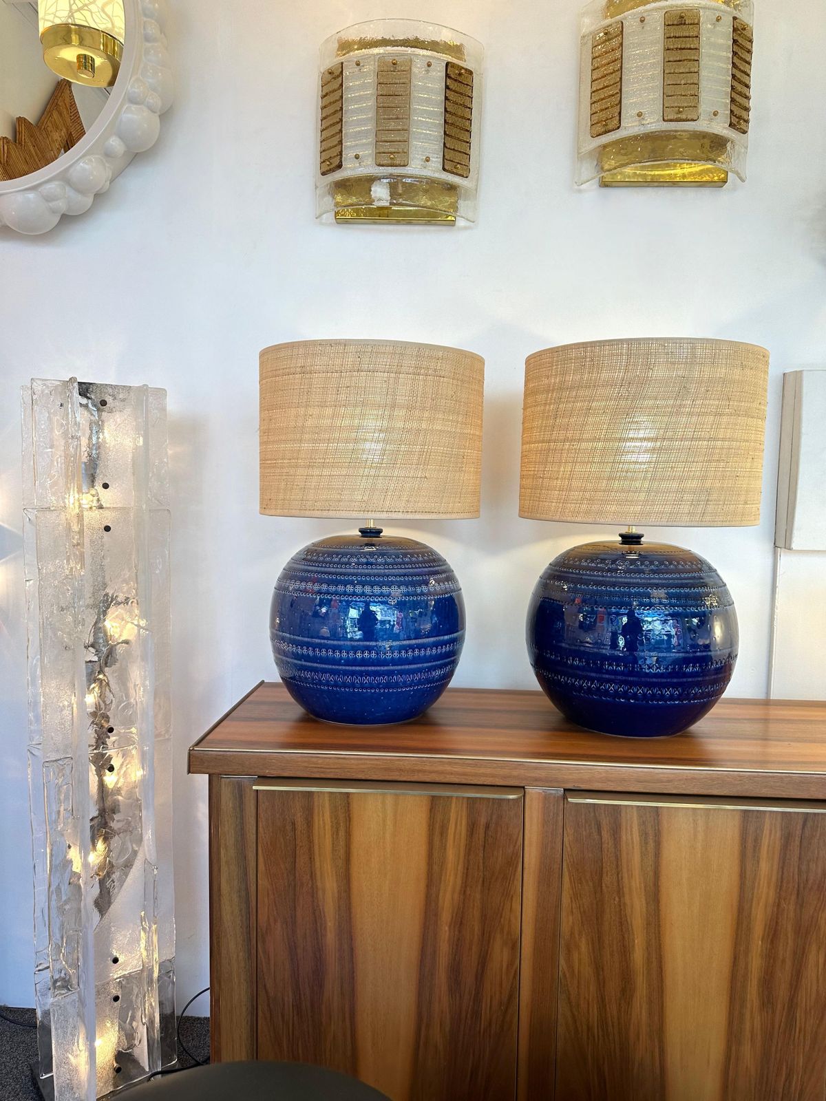 photo vinterior Mid Century Pair Of Ceramic Lamps Blue Rimini By Bitossi. Italy, 1990s