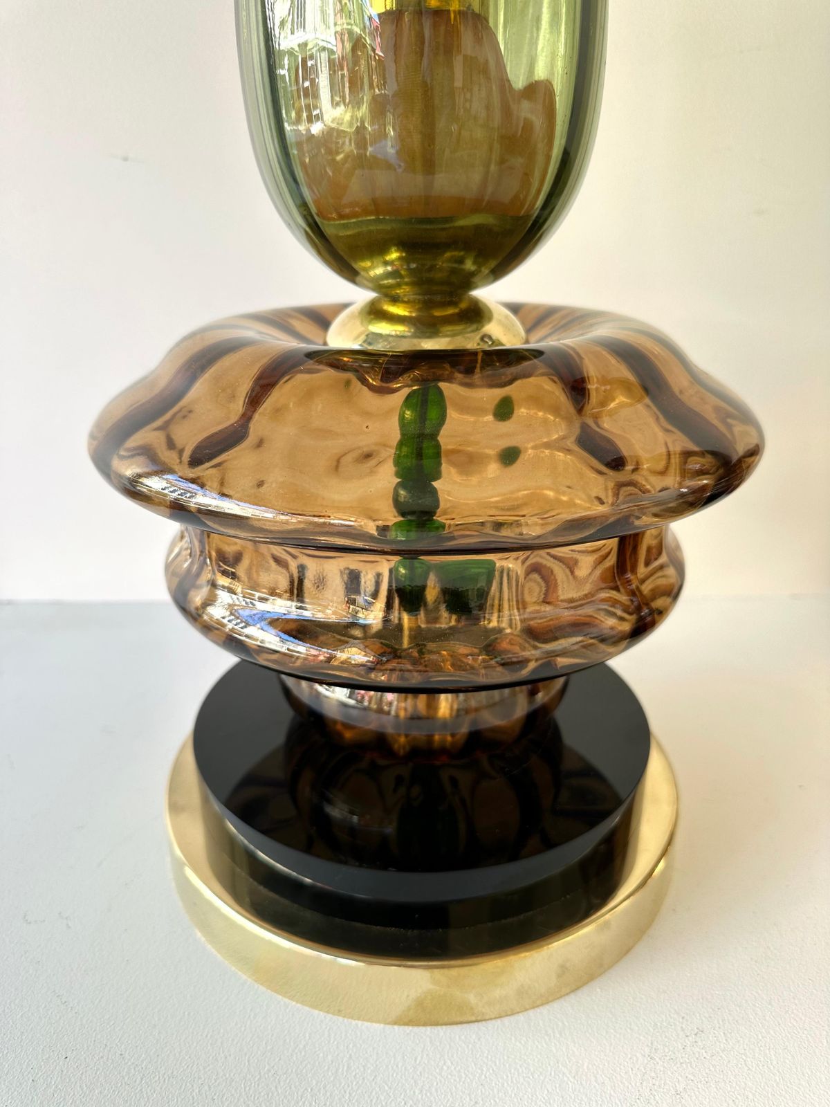 Contemporary Pair Of Brass And Murano Glass Flower Lamps, Italy photo vintage
