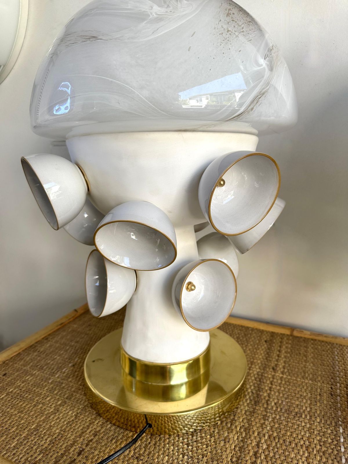 Contemporary Pair Of Brass Murano Glass And Ceramic Mushroom Lamps, Italy photo furniture