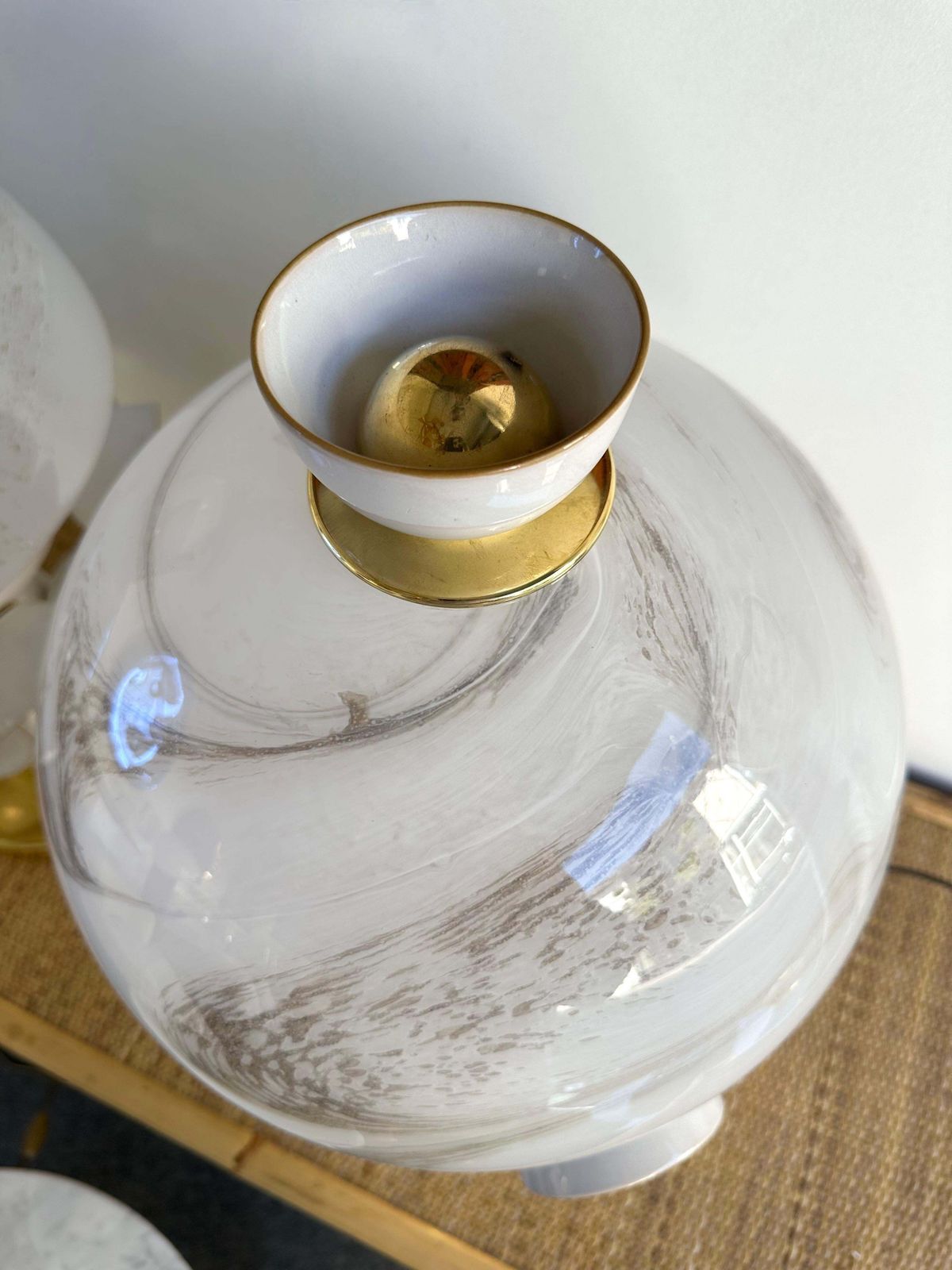 Contemporary Pair Of Brass Murano Glass And Ceramic Mushroom Lamps, Italy photo for sale