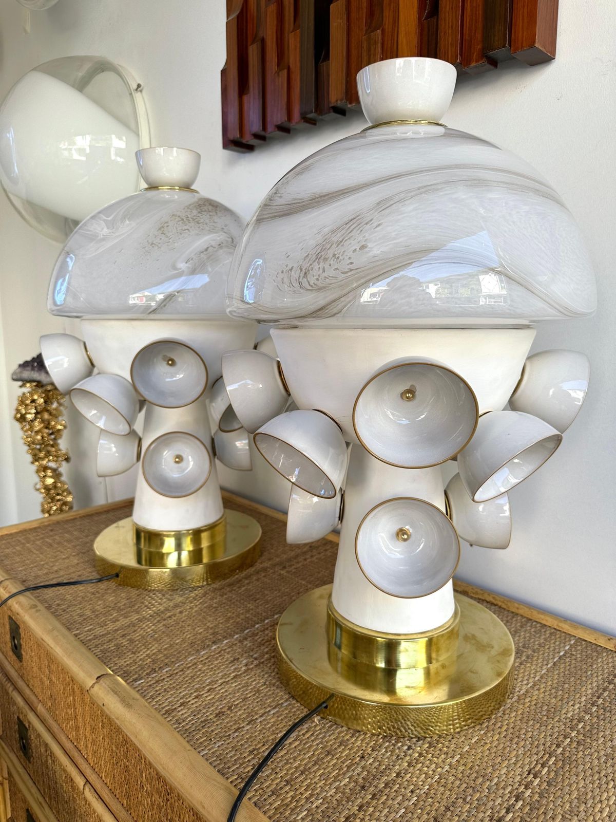 Contemporary Pair Of Brass Murano Glass And Ceramic Mushroom Lamps, Italy photo buy
