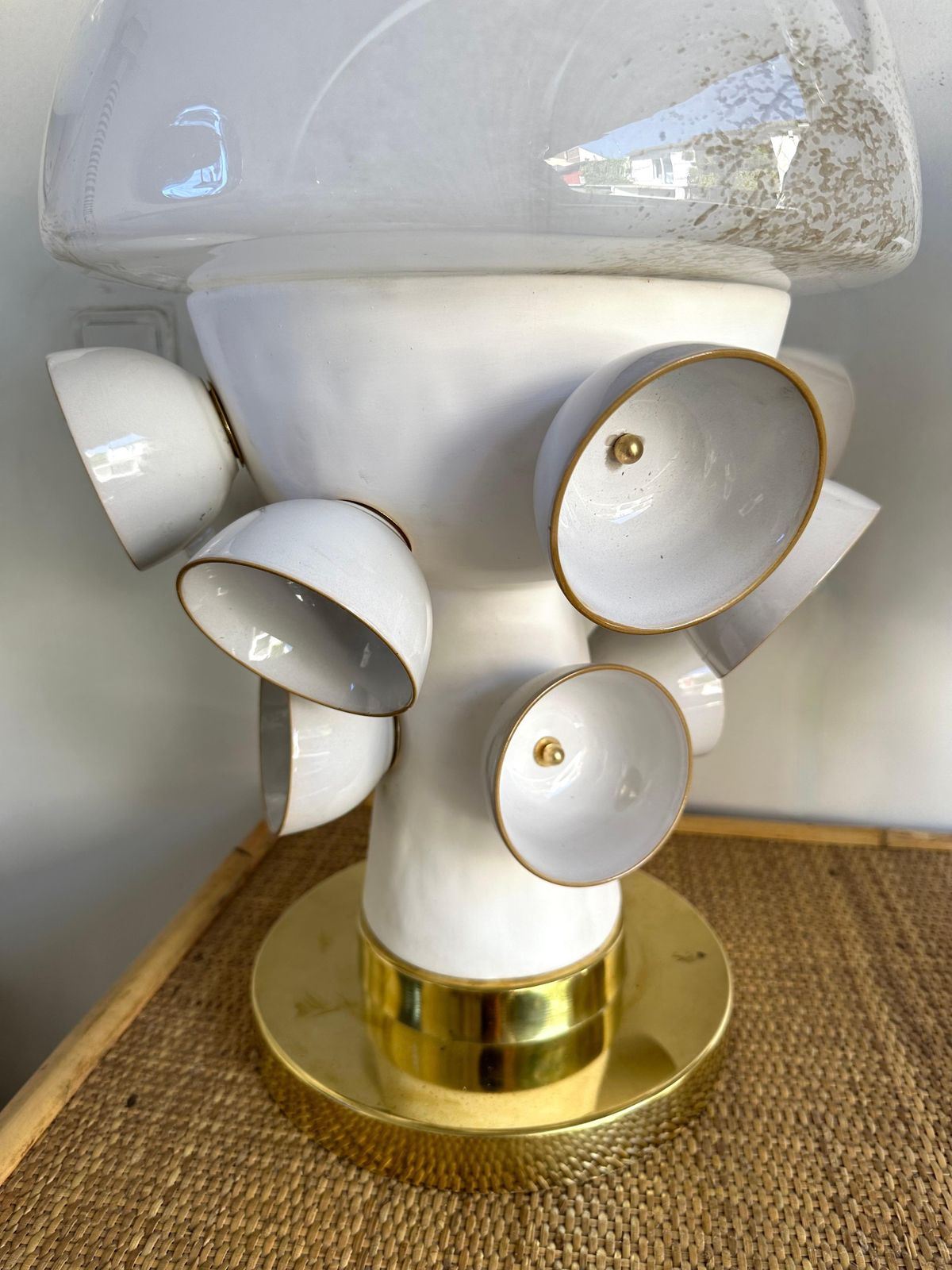 Contemporary Pair Of Brass Murano Glass And Ceramic Mushroom Lamps, Italy photo vintage