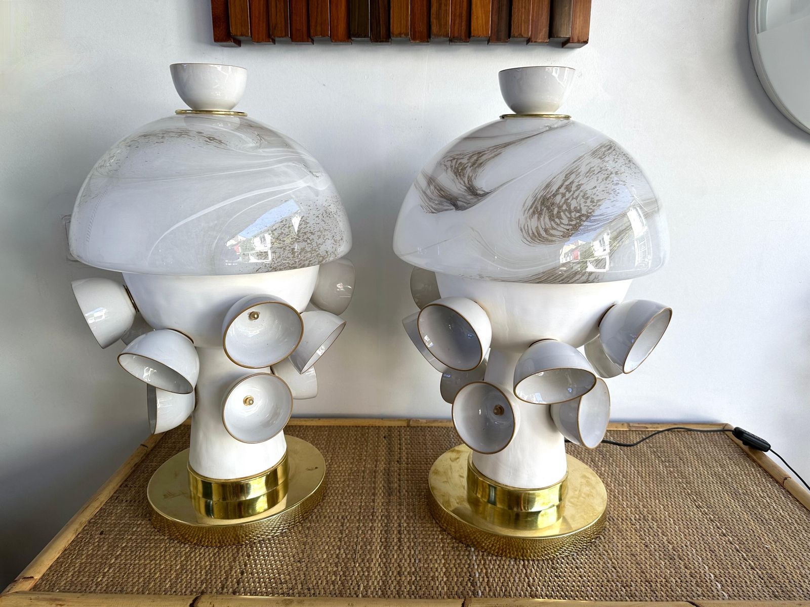 photo furniture Contemporary Pair Of Brass Murano Glass And Ceramic Mushroom Lamps, Italy