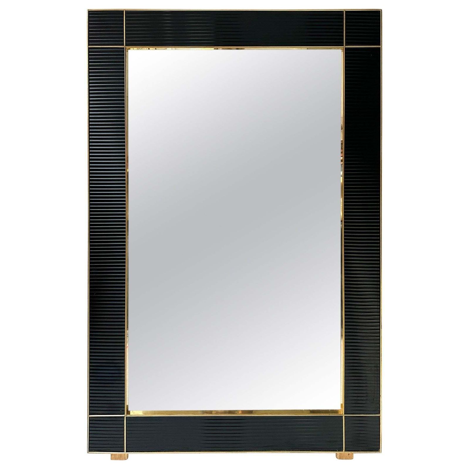 Large Contemporary Brass And Black Fluted Murano Glass  Mirror, Italy