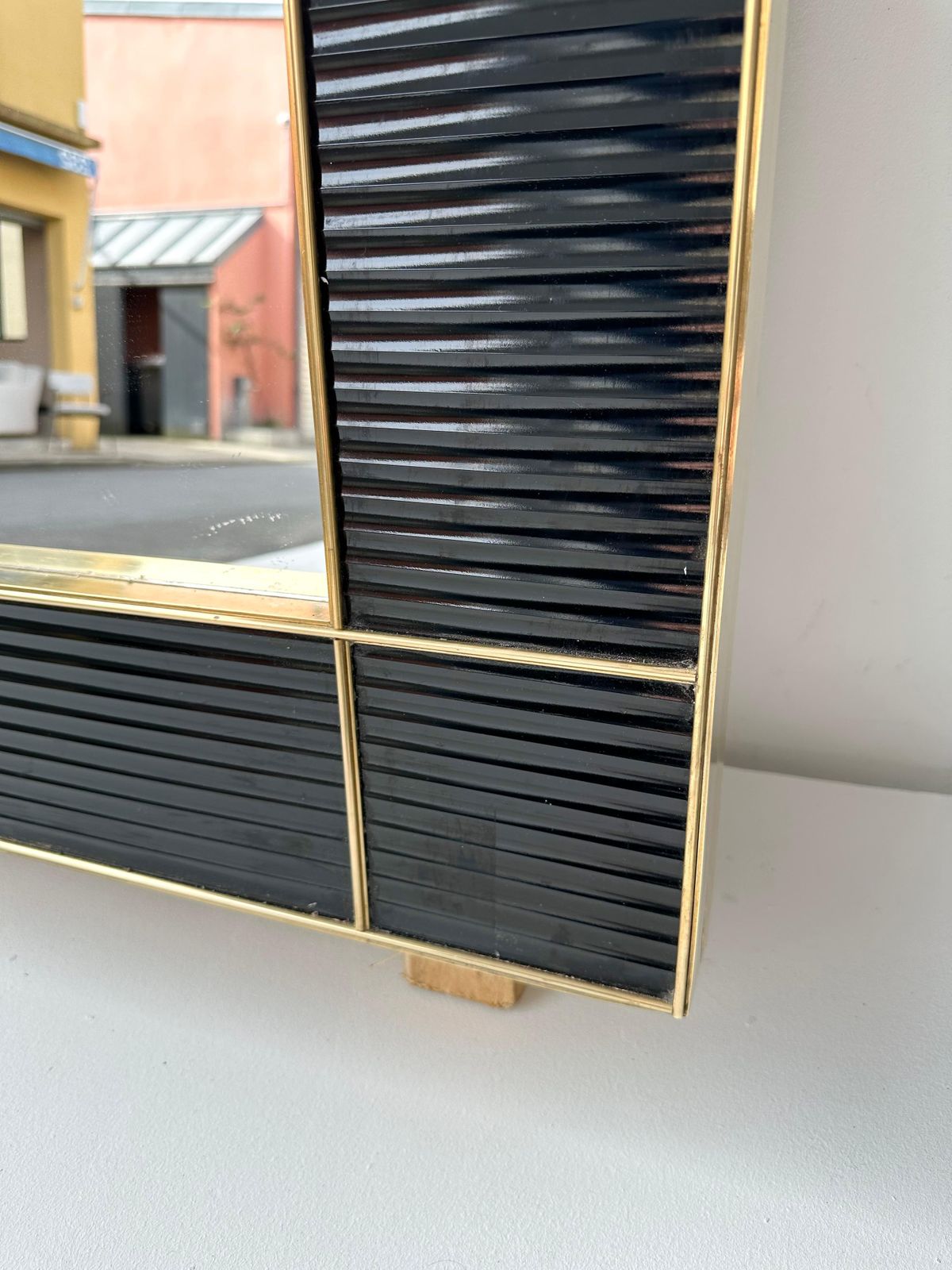 Large Contemporary Brass And Black Fluted Murano Glass  Mirror, Italy photo for sale