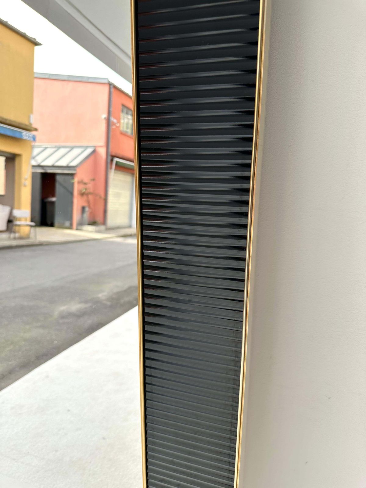 Large Contemporary Brass And Black Fluted Murano Glass  Mirror, Italy photo vinterior