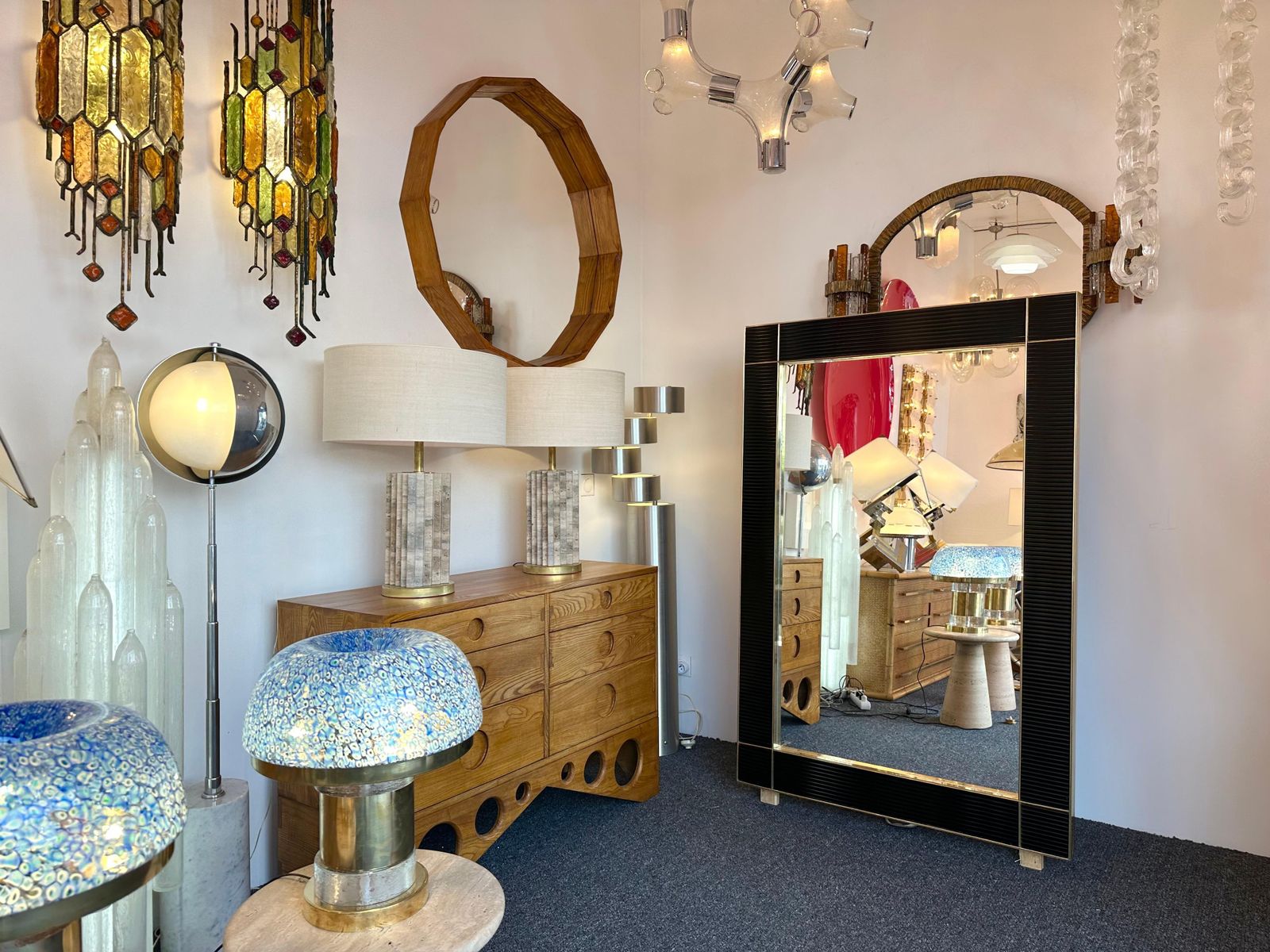 photo furniture Large Contemporary Brass And Black Fluted Murano Glass  Mirror, Italy