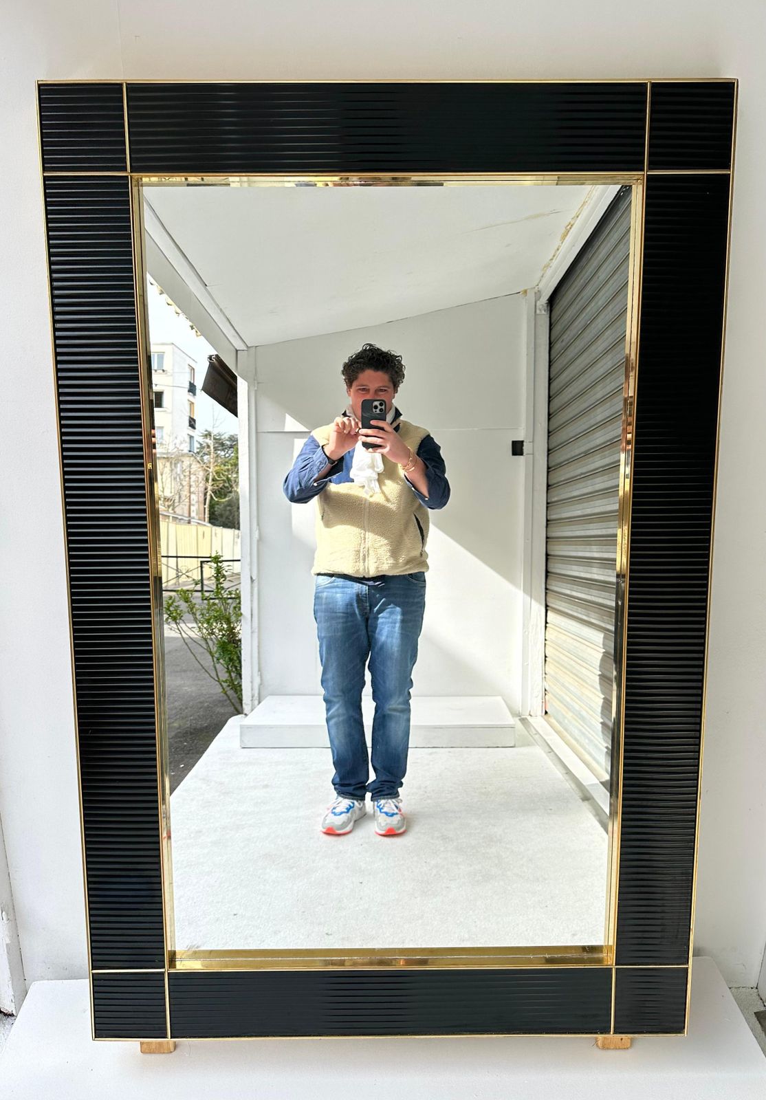 photo for sale Large Contemporary Brass And Black Fluted Murano Glass  Mirror, Italy