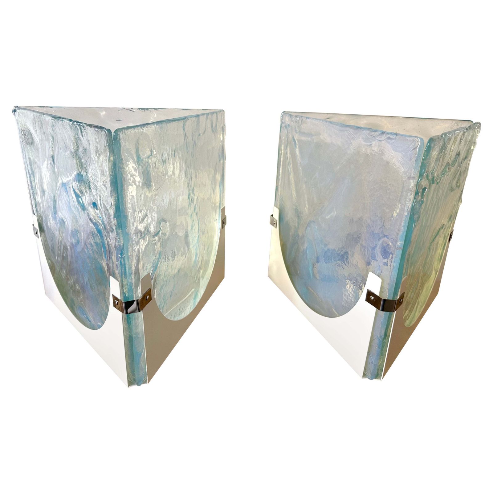 Pair Of Triangle Lamps Opalescent Murano Glass By Leucos, Italy, 1980s