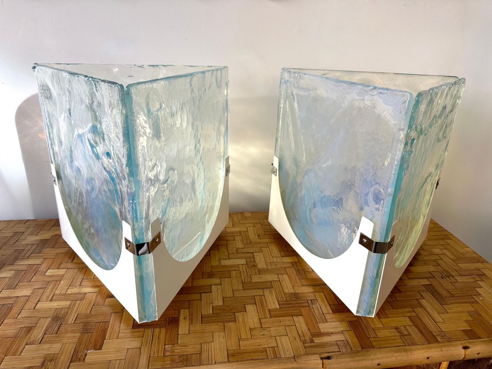Pair Of Triangle Lamps Opalescent Murano Glass By Leucos, Italy, 1980s photo vinterior