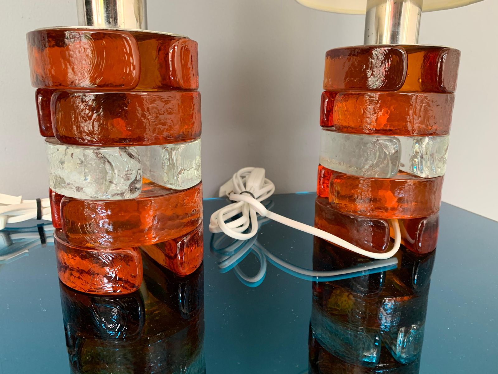 Pair Of Pressed Glass And Metal Lamps By Biancardi, Italy, 1970s photo vintage