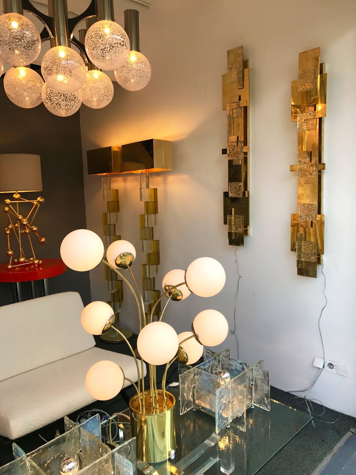 Large Contemporary Pair Of Brass Sconces Geometrical Murano Glass, Italy photo for sale