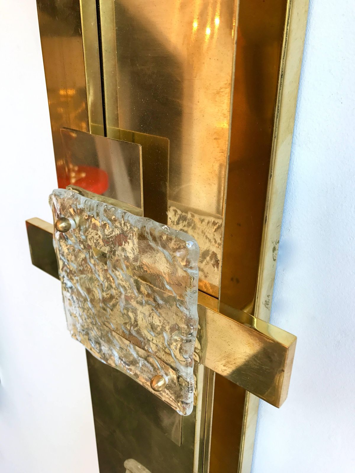 Large Contemporary Pair Of Brass Sconces Geometrical Murano Glass, Italy photo 7270.0