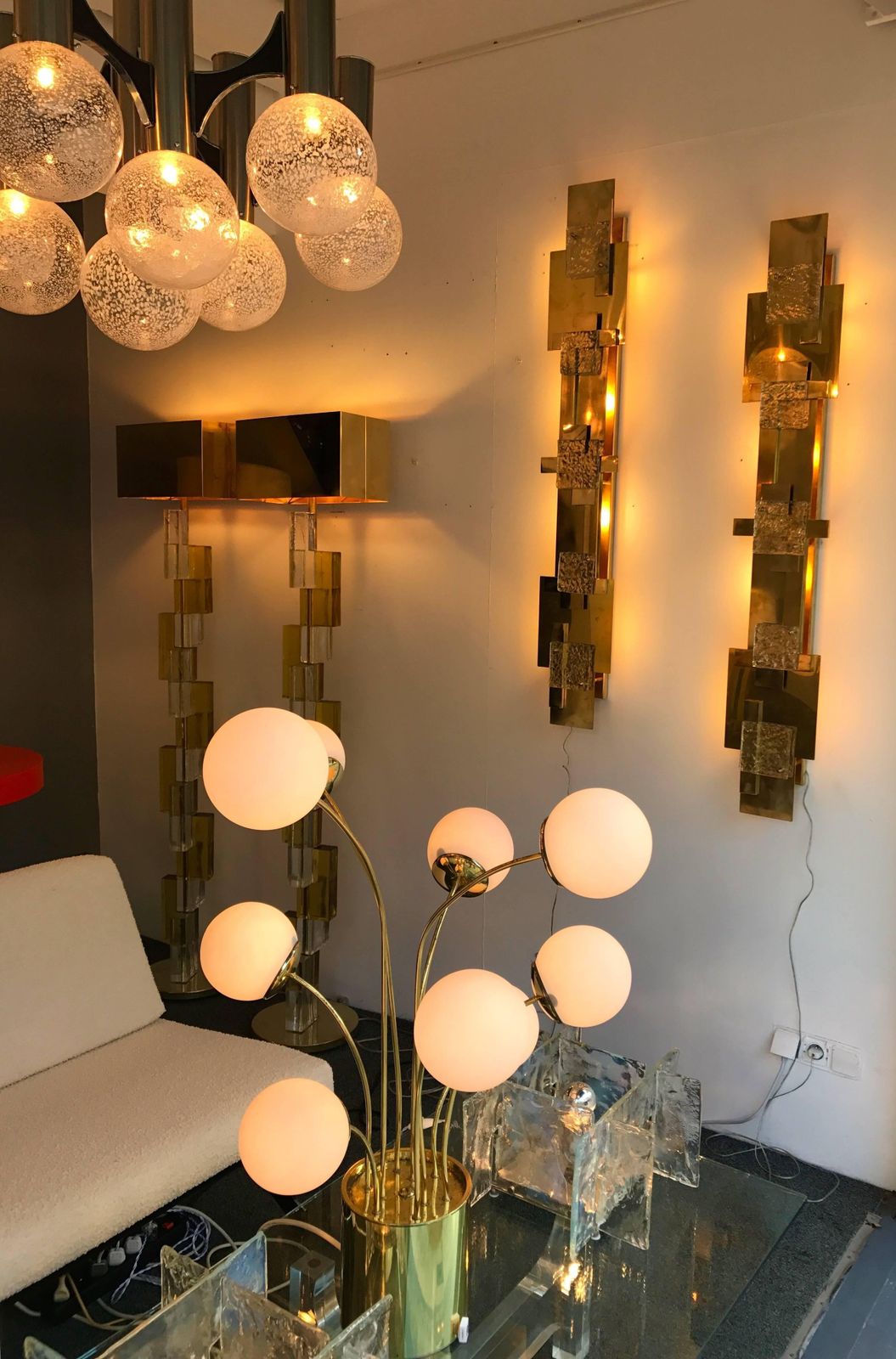 Large Contemporary Pair Of Brass Sconces Geometrical Murano Glass, Italy photo vintage