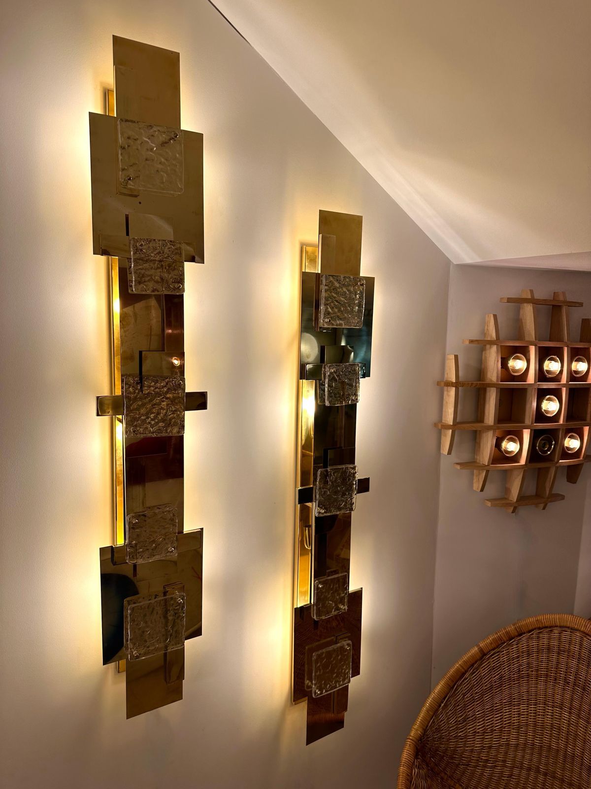 photo for sale Large Contemporary Pair Of Brass Sconces Geometrical Murano Glass, Italy