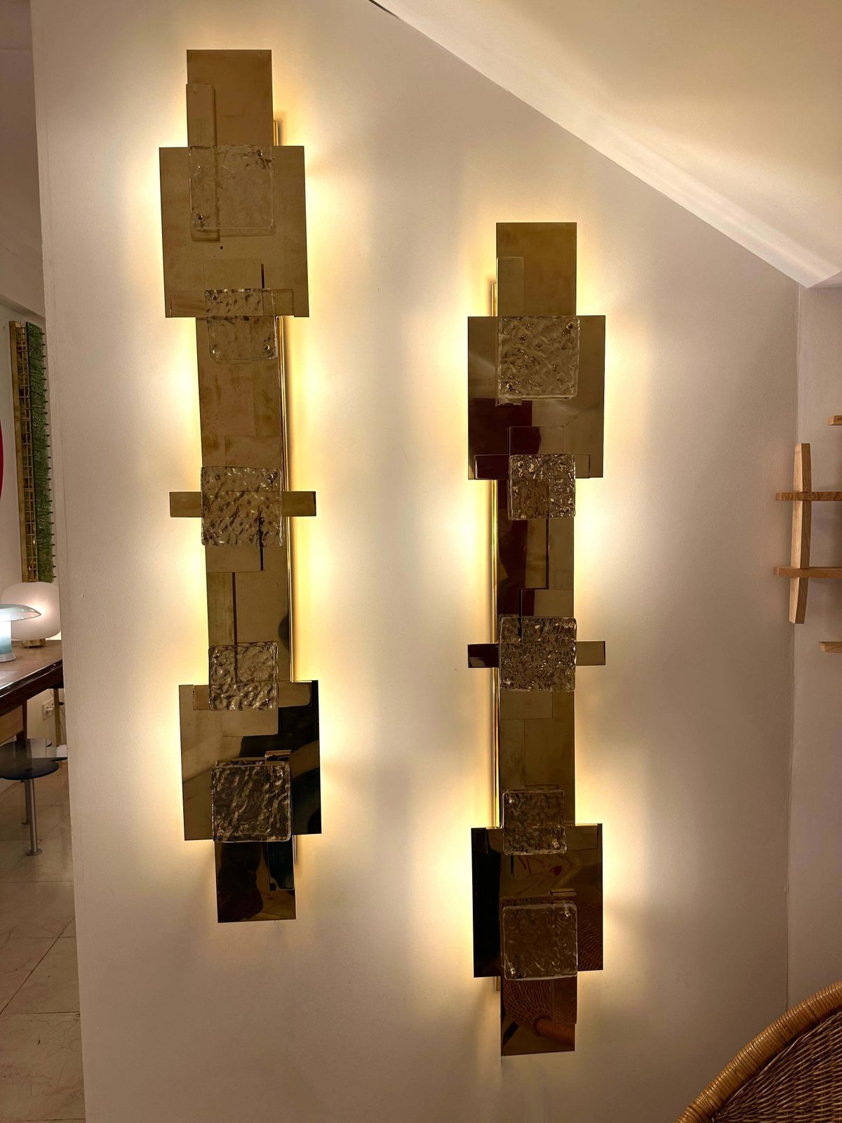 Lighting Large Contemporary Pair Of Brass Sconces Geometrical Murano Glass, Italy photo