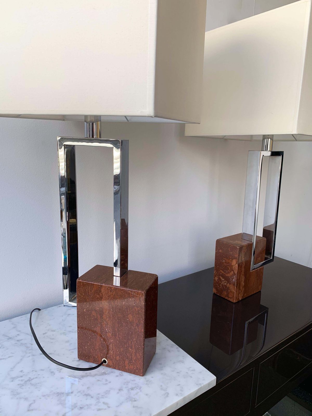 photo furniture Pair Of Lamps Chrome Metal Red Marble By Banci, Italy, 1970s