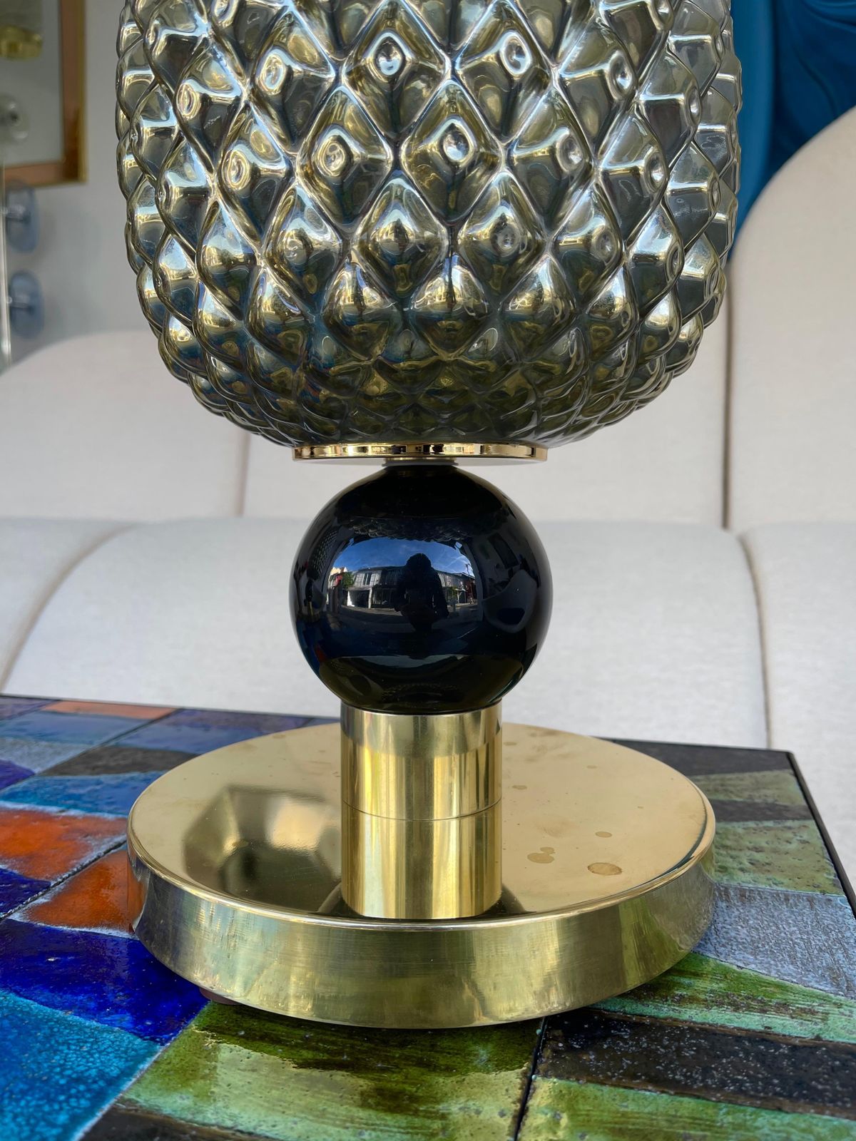 Contemporary Pair Of Silver Gold Pineapple Murano Glass And Brass Lamps, Italy photo for sale