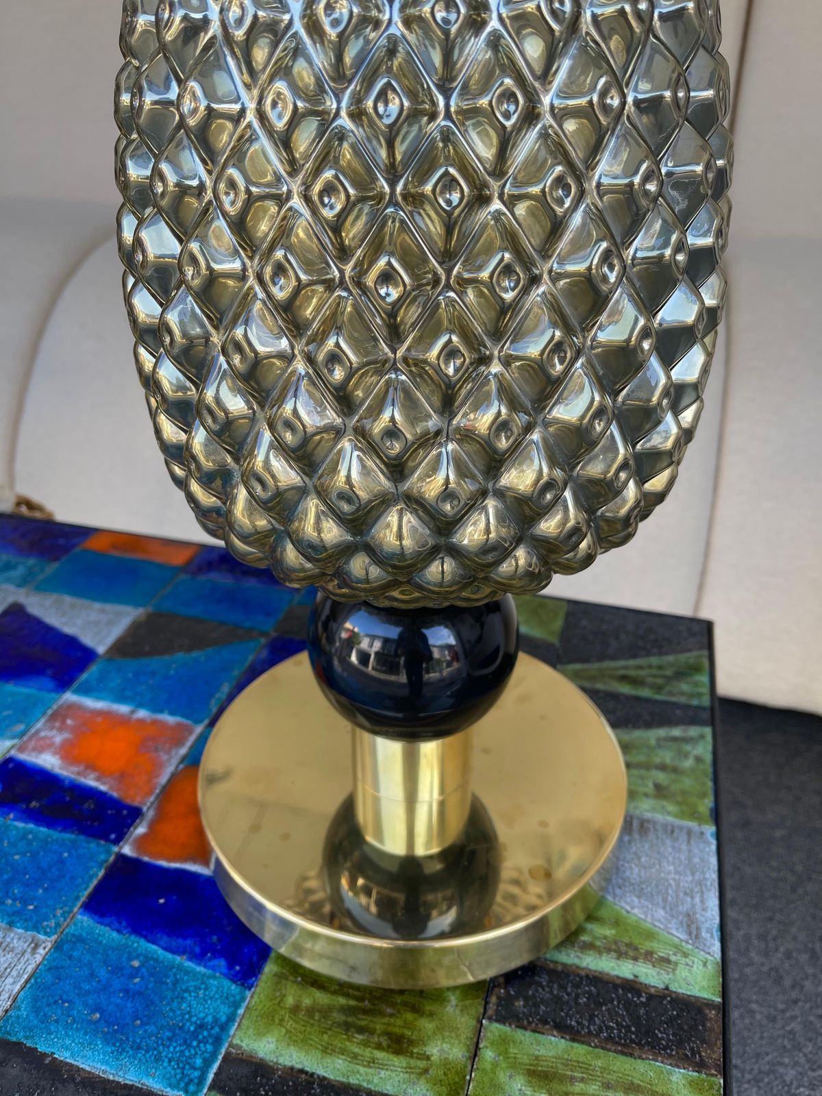 Contemporary Pair Of Silver Gold Pineapple Murano Glass And Brass Lamps, Italy photo Lighting