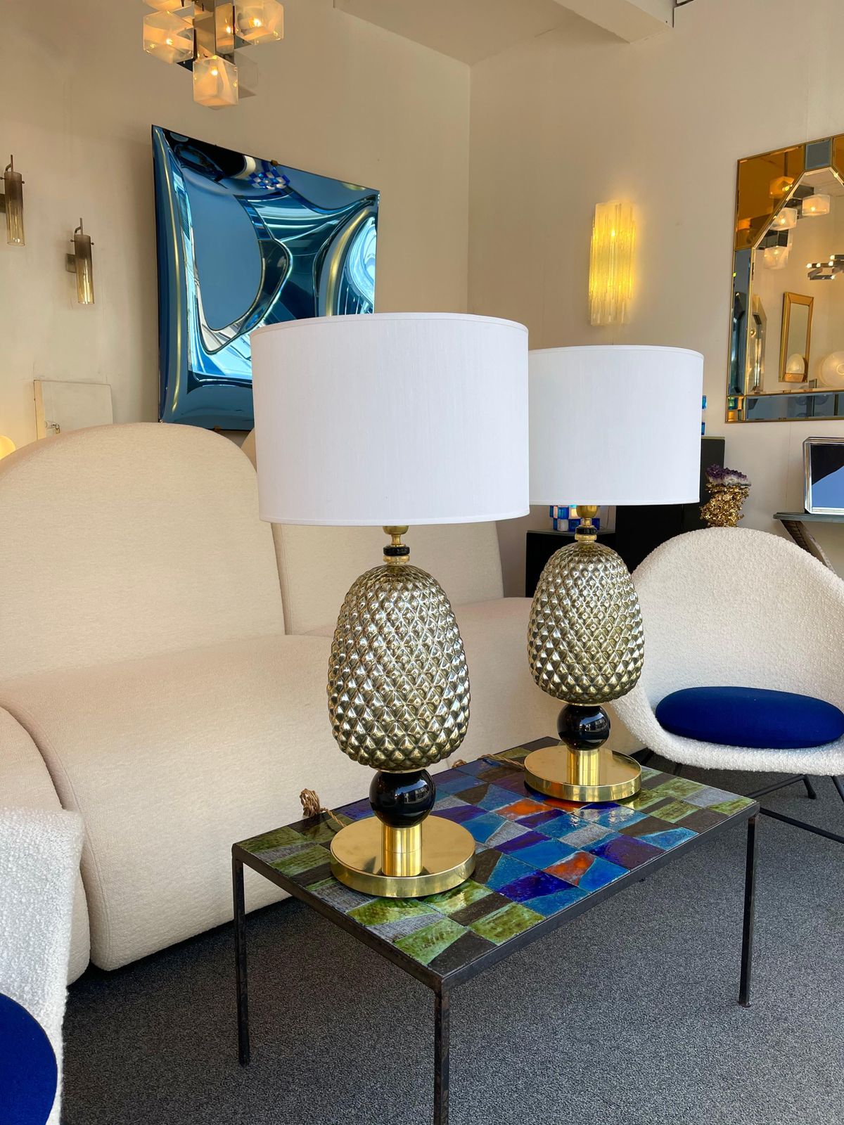 Lighting Contemporary Pair Of Silver Gold Pineapple Murano Glass And Brass Lamps, Italy photo