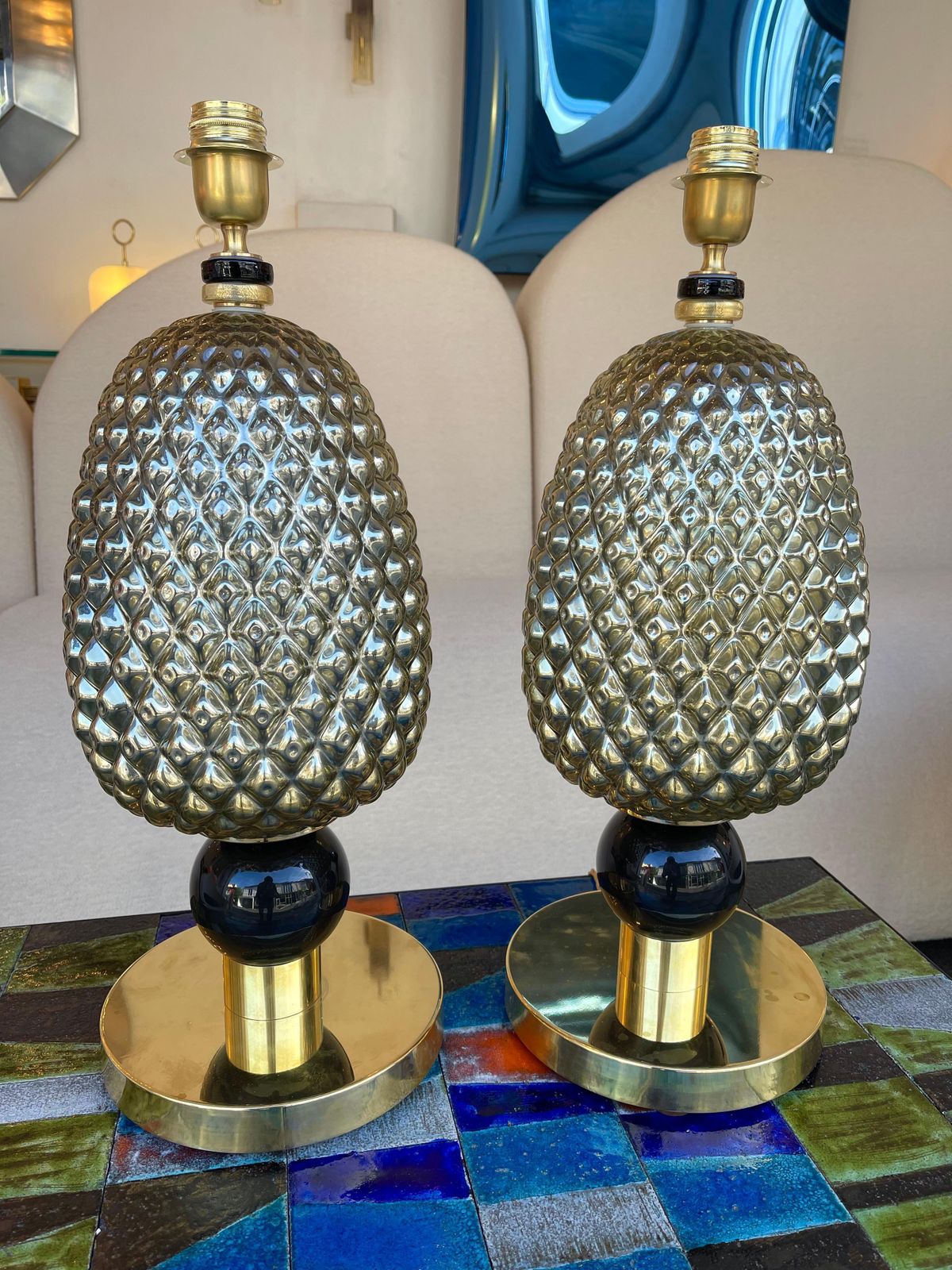 2737.0 Contemporary Pair Of Silver Gold Pineapple Murano Glass And Brass Lamps, Italy photo
