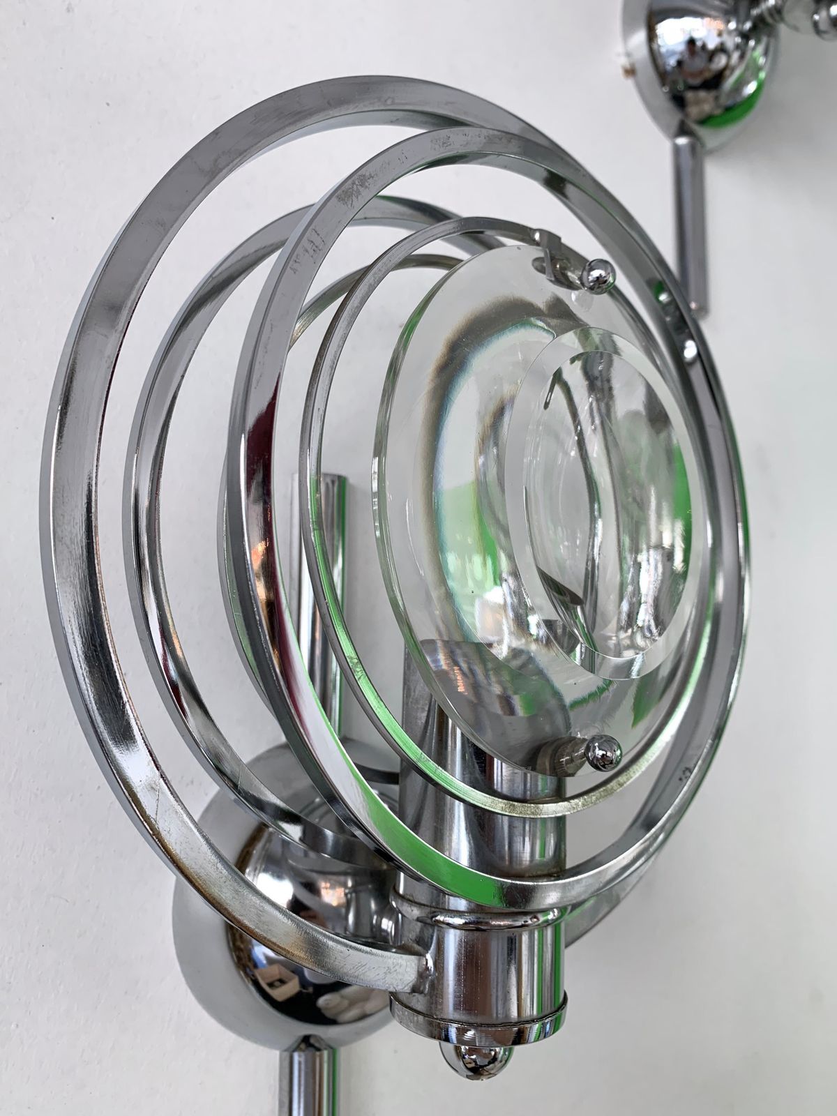 Pair Of Optical Metal Chrome Sconces By Oscar Torlasco, Italy, 1970s photo vinterior