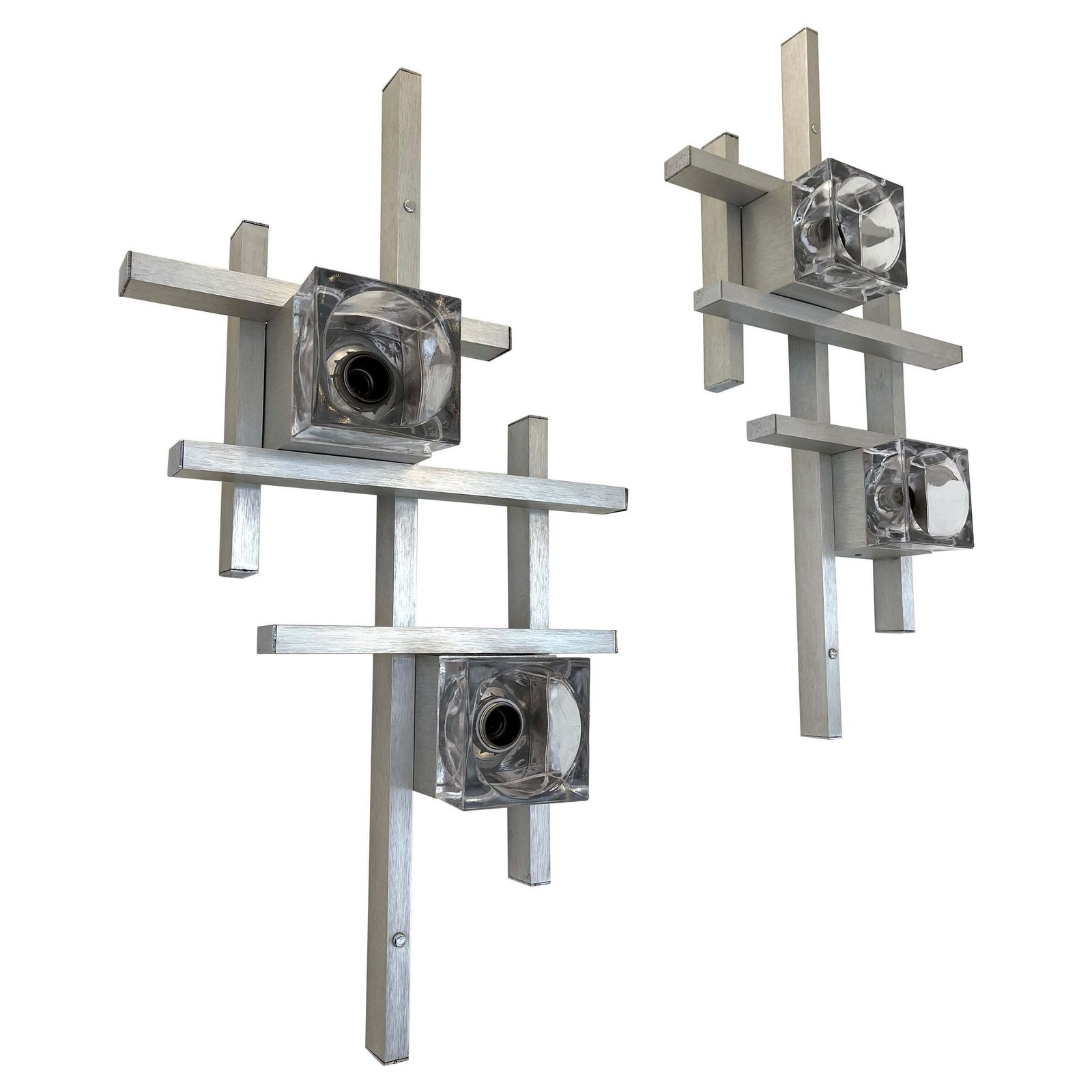 Pair Of Cubic Sconces Metal Murano Glass By Sciolari, Italy, 1970s