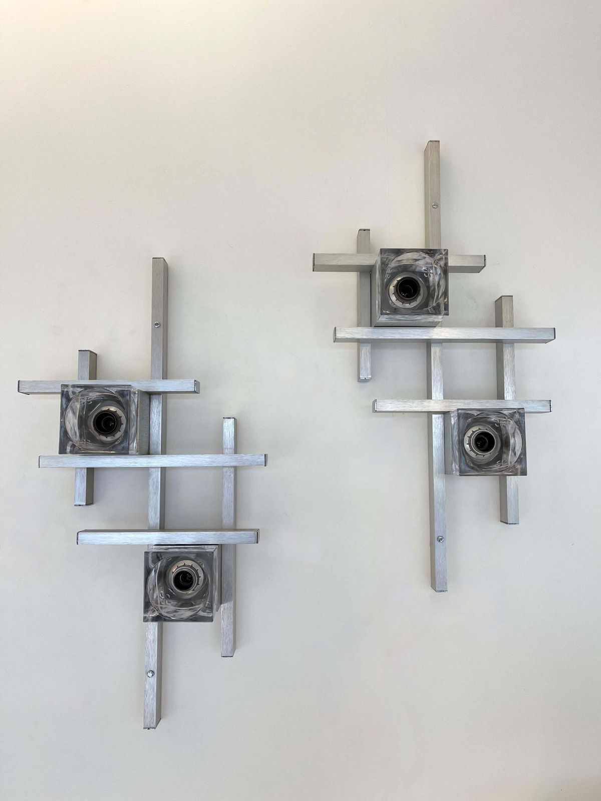 Pair Of Cubic Sconces Metal Murano Glass By Sciolari, Italy, 1970s photo for sale