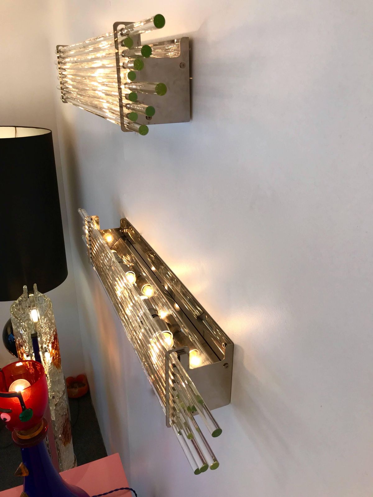 photo for sale Pair Of Sconces Glass Rods And Chrome By Vistosi Murano, Italy, 1990s
