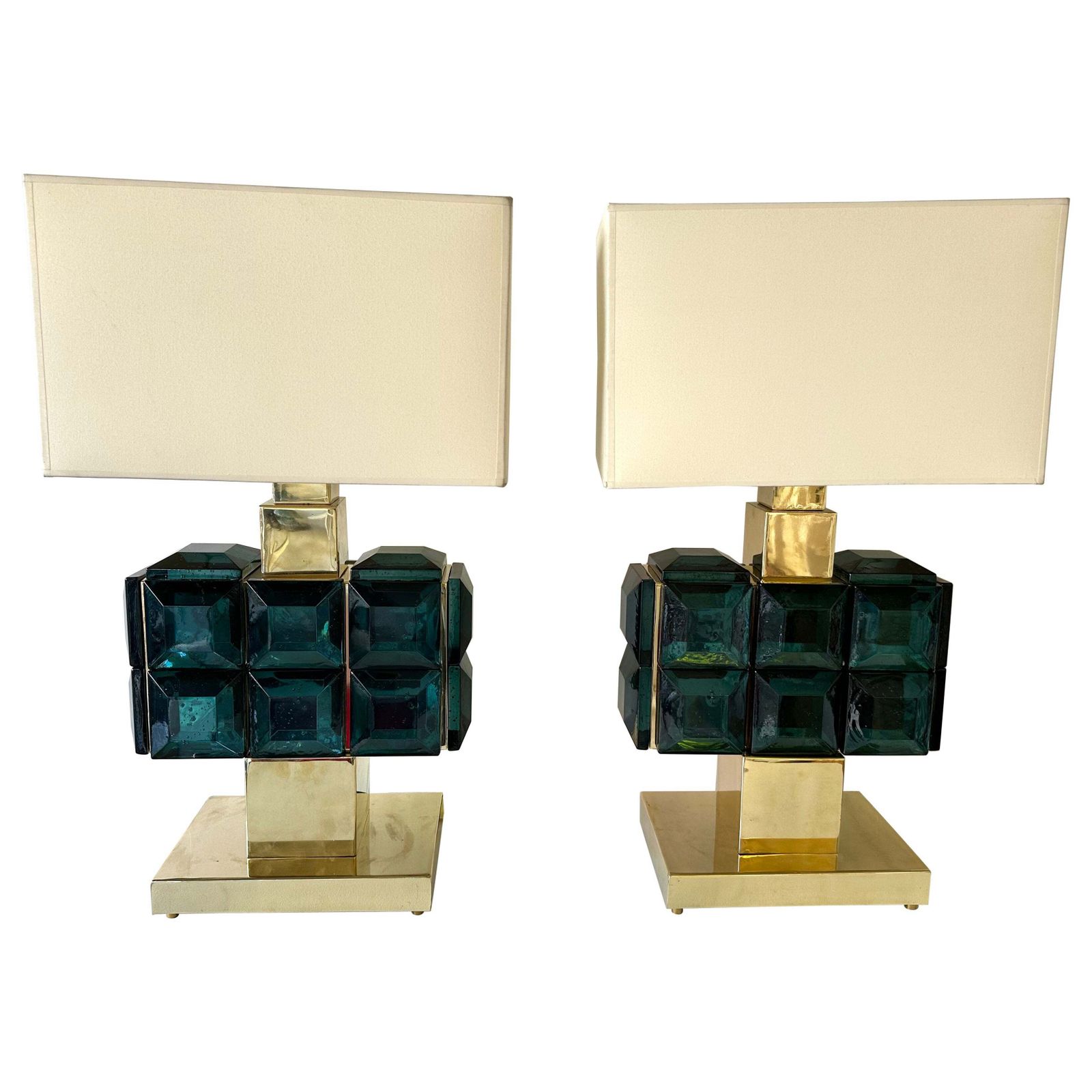 Contemporary Pair Of Brass And Diamonds Murano Glass Lamps, Italy