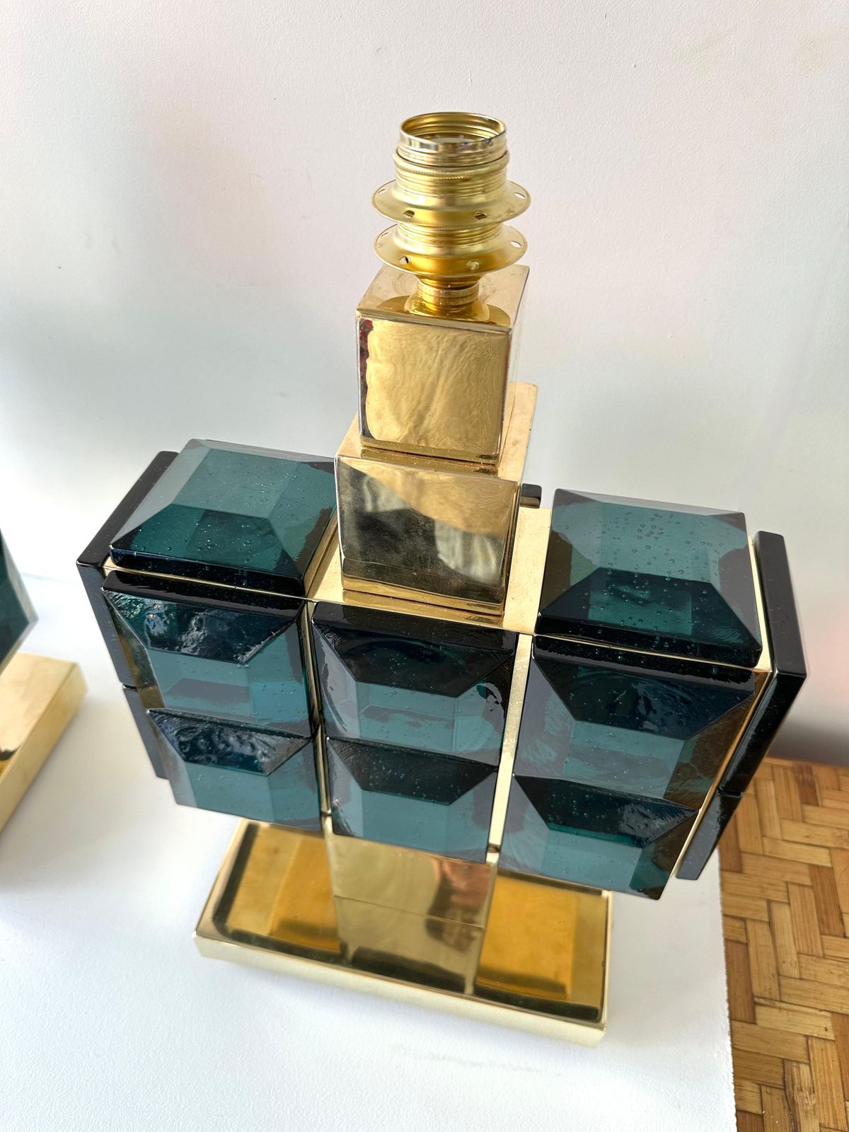 Contemporary Pair Of Brass And Diamonds Murano Glass Lamps, Italy photo for sale