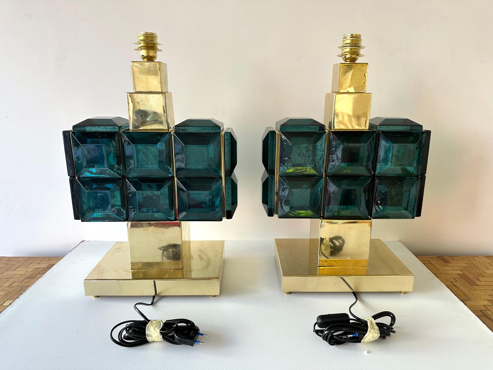 Contemporary Pair Of Brass And Diamonds Murano Glass Lamps, Italy photo vinterior