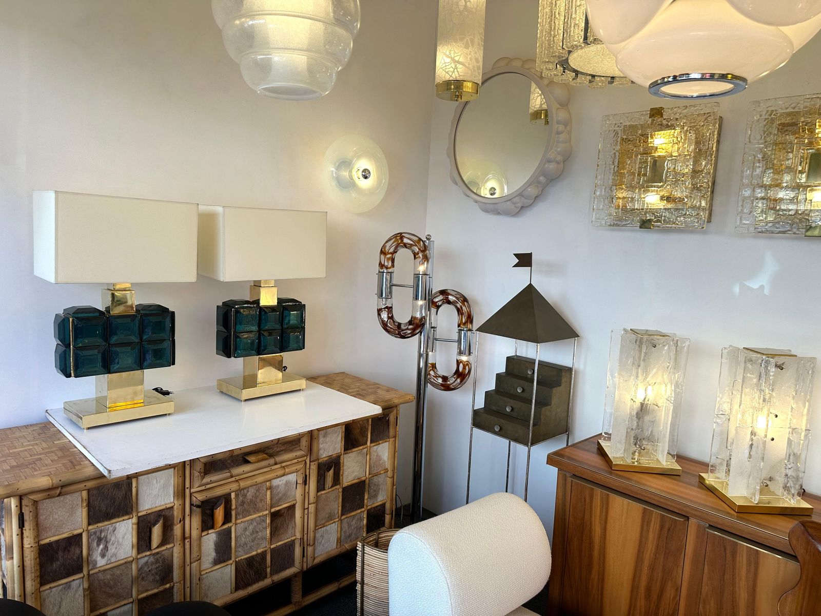 4447.0 Contemporary Pair Of Brass And Diamonds Murano Glass Lamps, Italy photo