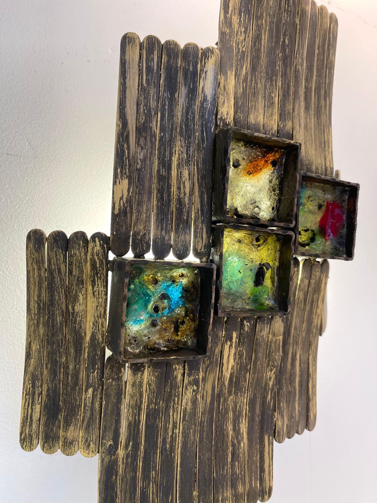 Pair Of Brutalist Gilt Metal And Glass Sconces. Italy, 1970s photo buy