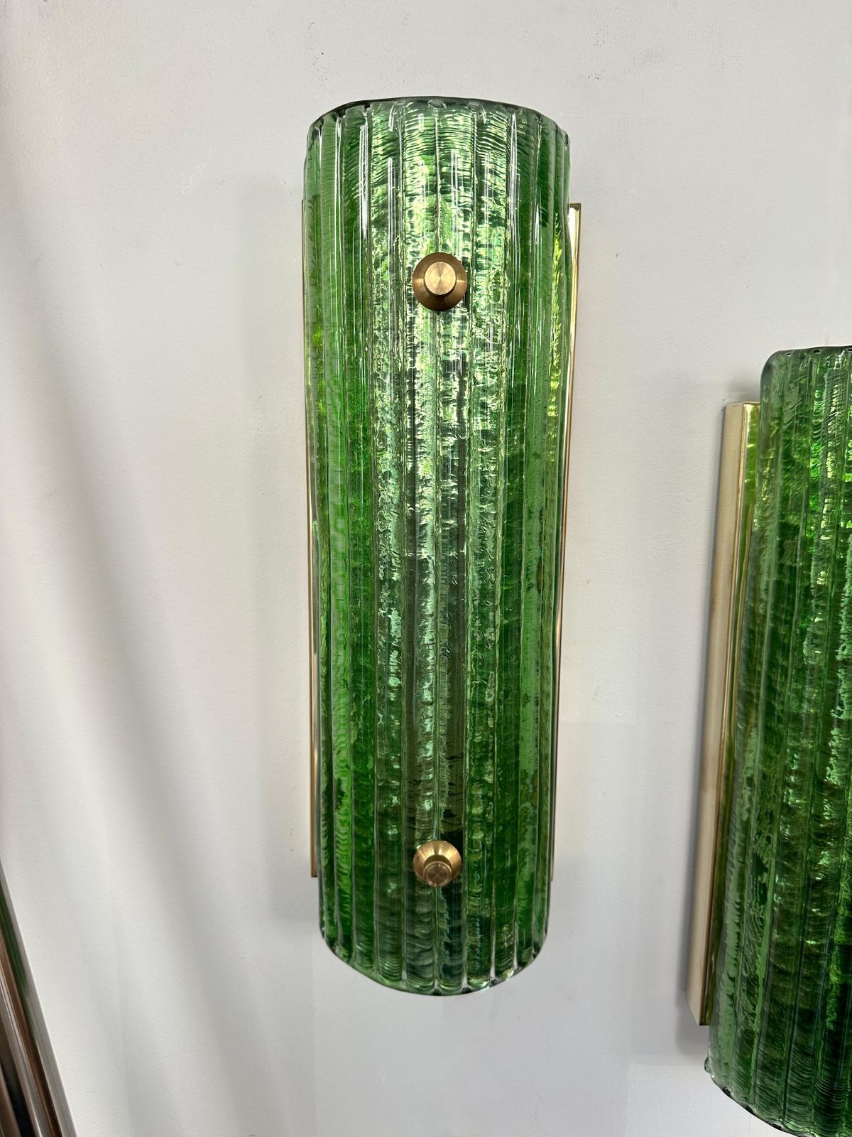 photo vinterior Contemporary Pair Of Brass And Green Murano Glass Sconces, Italy
