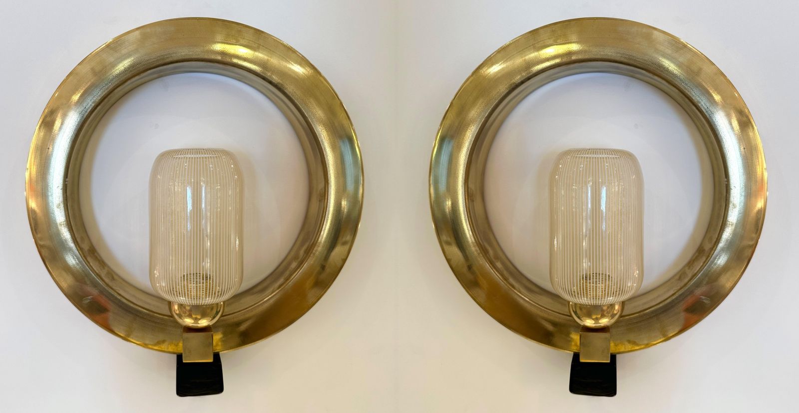 Contemporary Pair Of Circle Brass And Murano Glass Sconces, Italy photo vintage