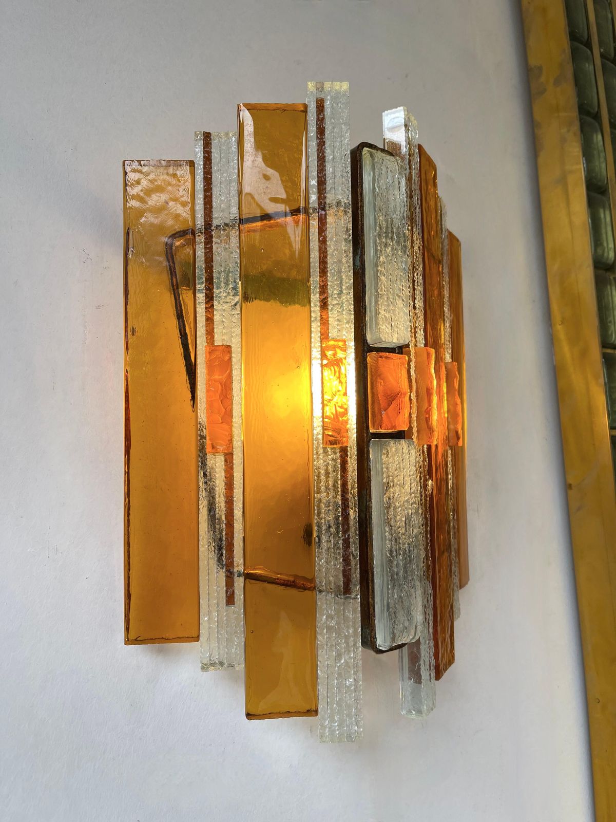 Pair Of Hammered Glass Wrought Iron Sconces By Longobard, Italy, 1970s photo 3421.0