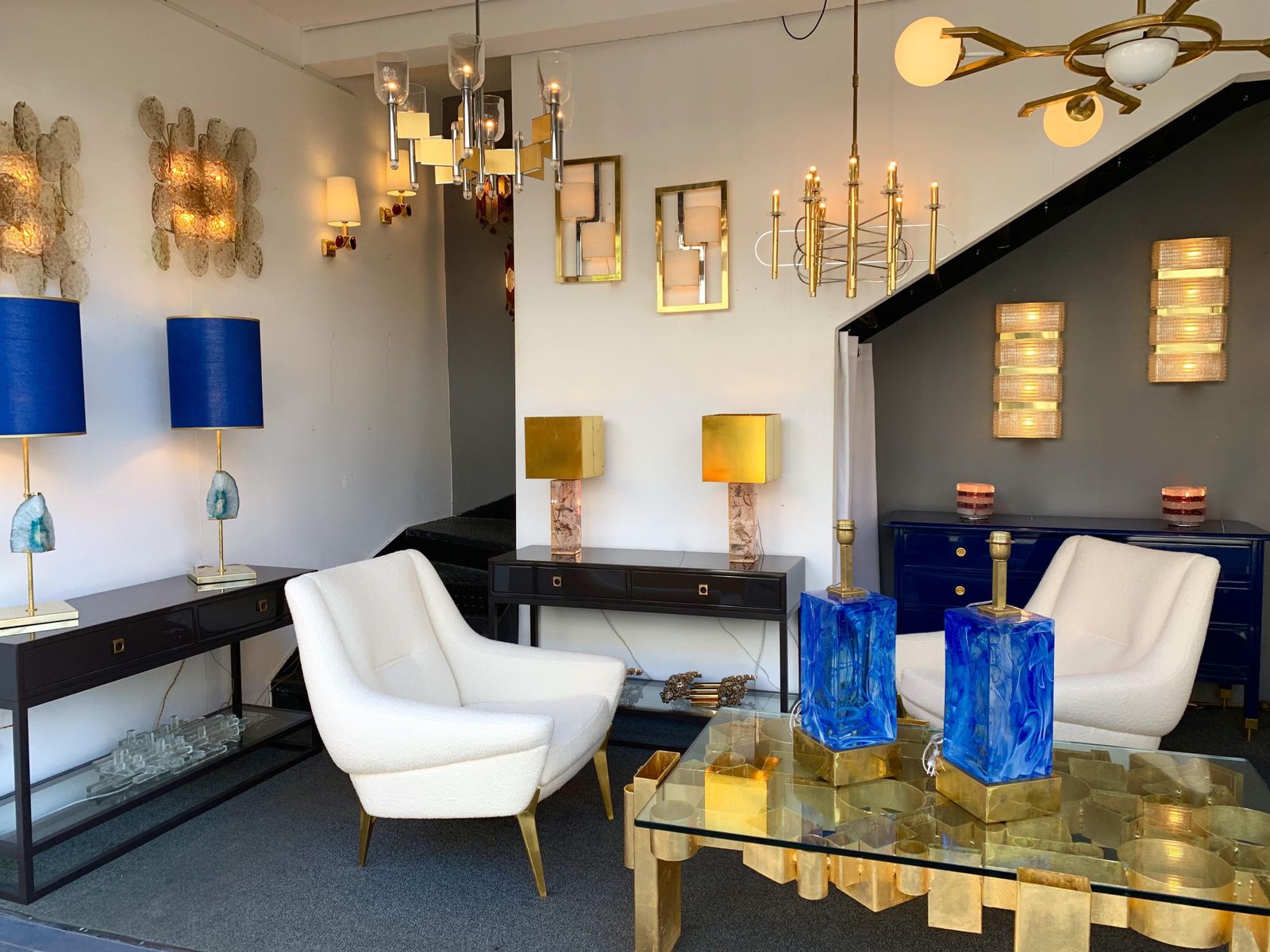 photo for sale Contemporary Pair Of Brass And Murano Glass Sconces, Italy